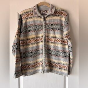 Tiara International Fair Isle Blue Beige Red Knit Zip Up Cardigan Sweater Medium